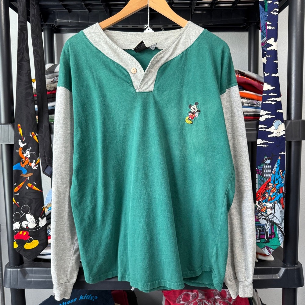 Vintage Green Mickey Mouse Henley Long Sleeve Shirt Medium Light Marks